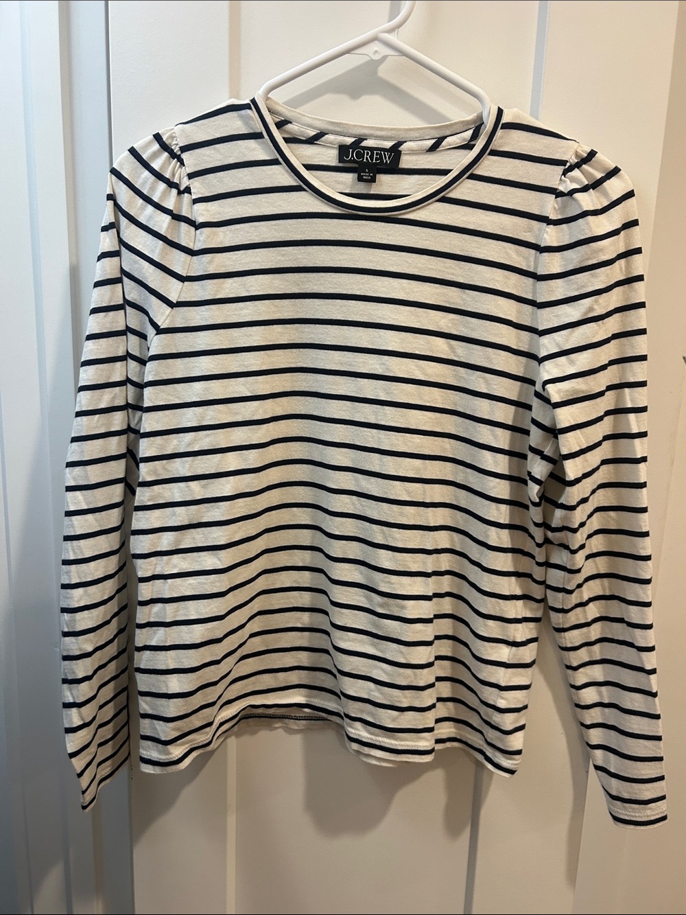 J. Crew White and Navy Striped Long Sleeve Top